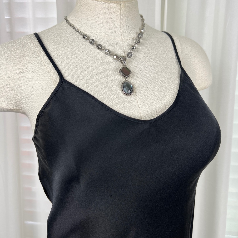 Womens 100% Mulberry Silk Slip Dress Black Medium V-Neck LBD chic whimsigoth - Picture 2 of 10